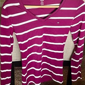 Tommy Hilfiger Women's Magenta and White Striped Long Sleeve Top